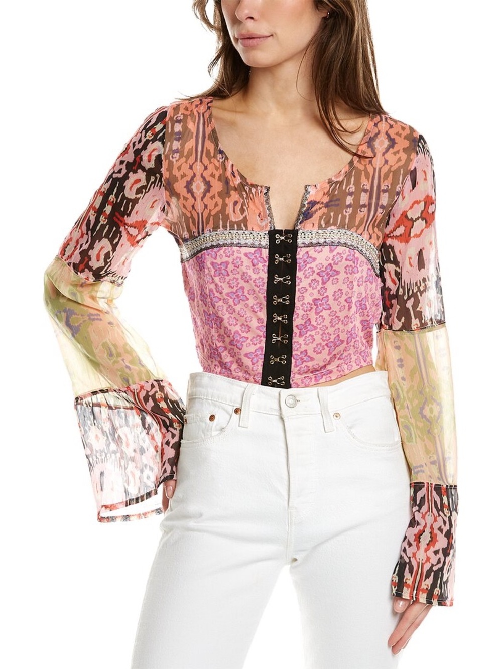 Free People Walk This Way Multicolor Sheer Mixed-Print Hook-Front Crop Top